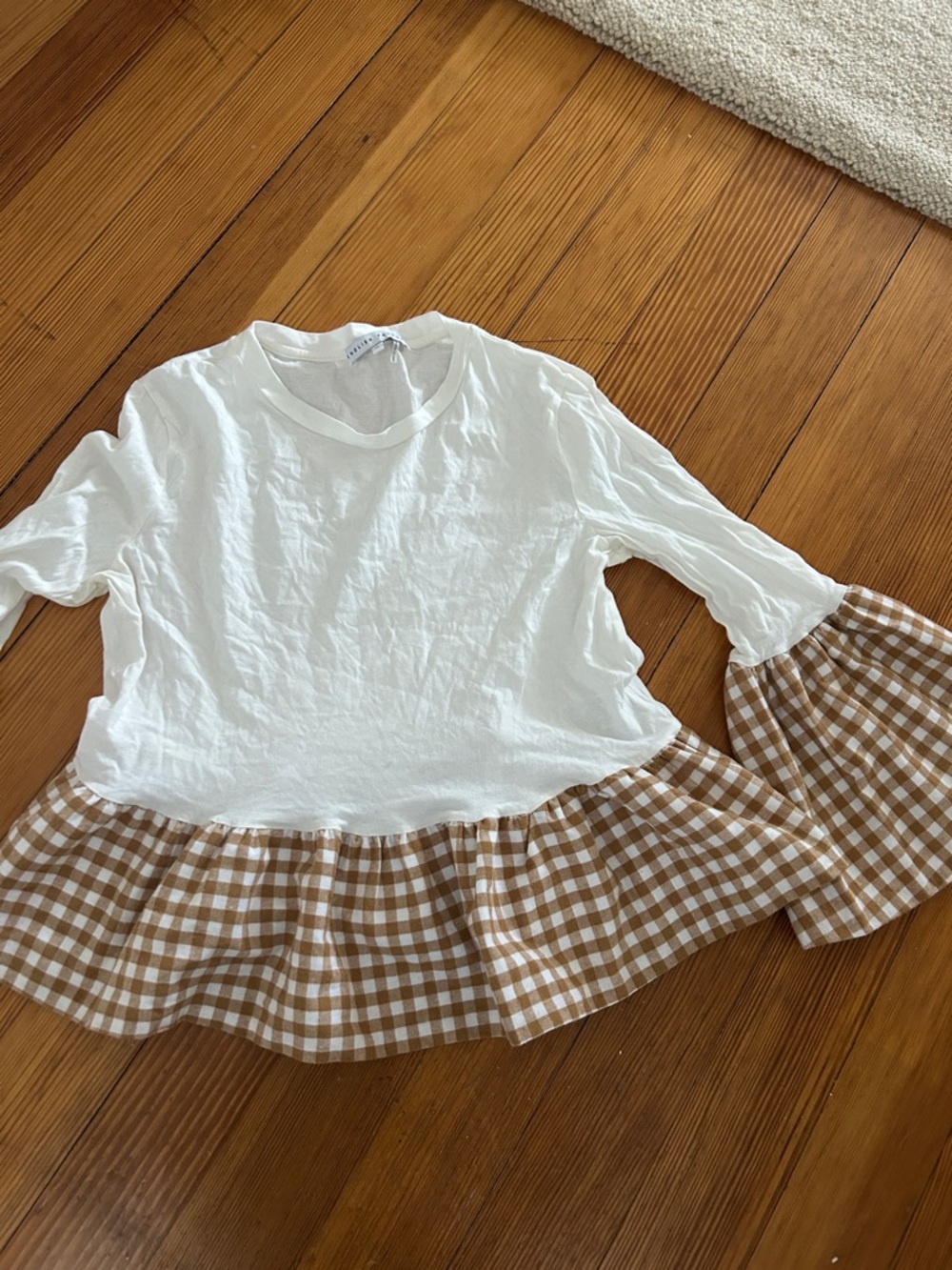 English Factory White Peplum Top with Brown Gingham Ruffle